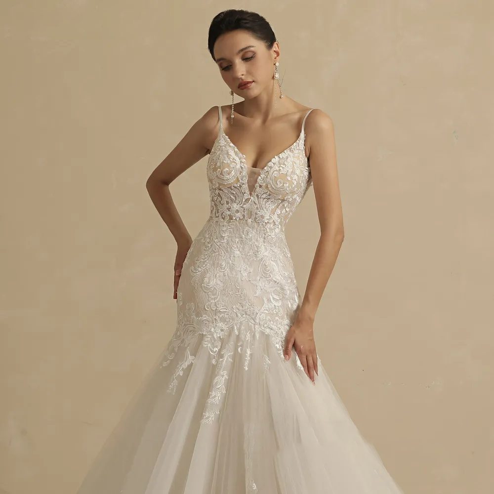 V neck mermaid wedding dress