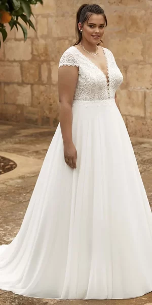 Deep v plus size wedding dress